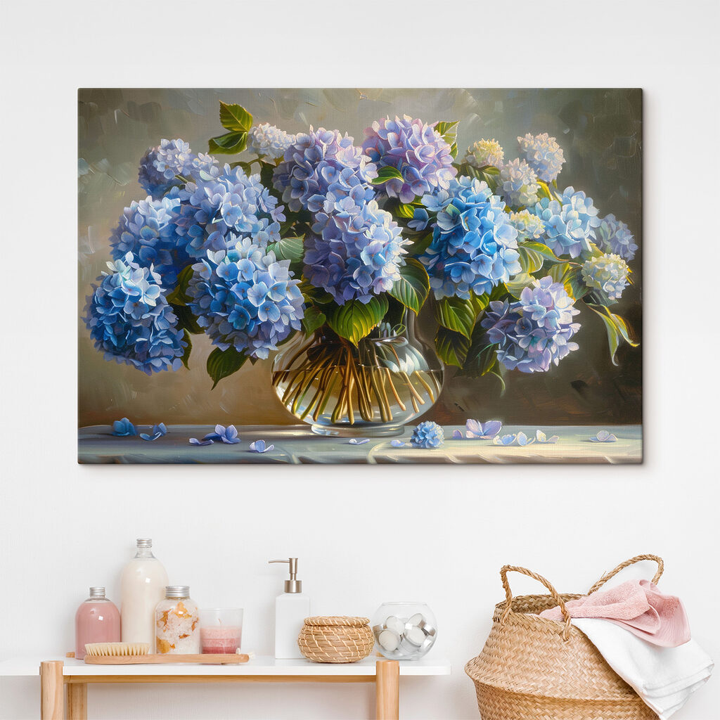 Hortênsias azuis em vidro — interior 2