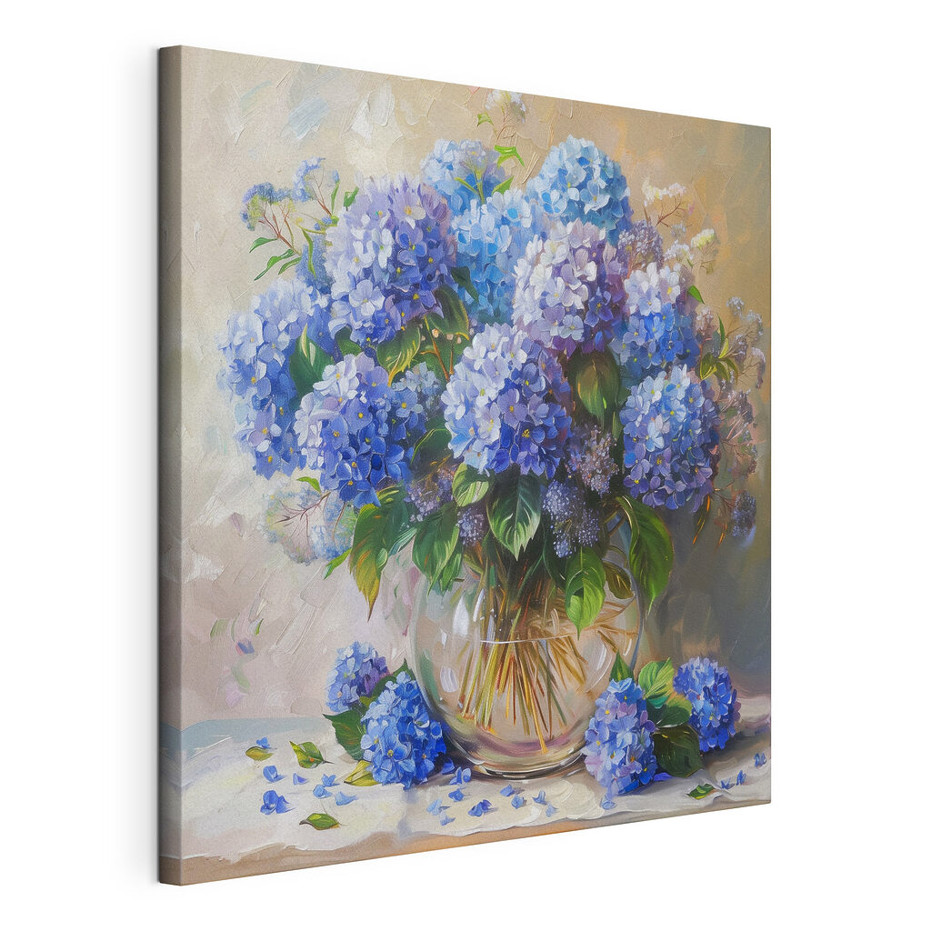 Hortênsias em azul vivo, tela esticada e borda contínua