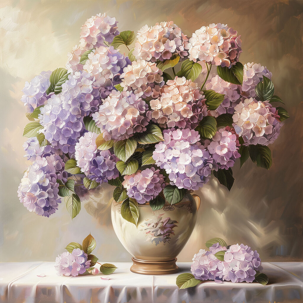Hortênsias lilás ao entardecer — design completo