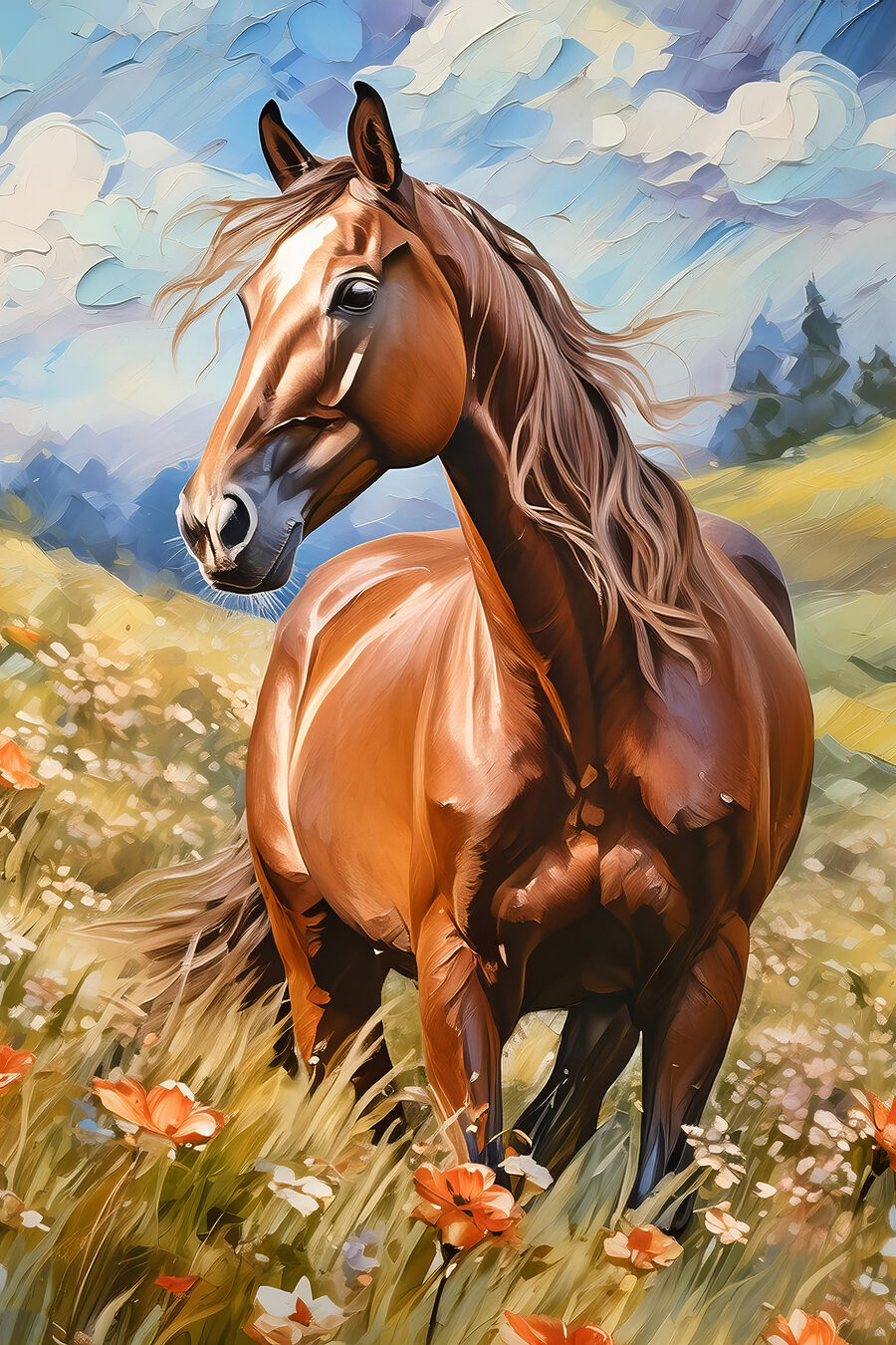 Cavalo entre flores altas — design completo