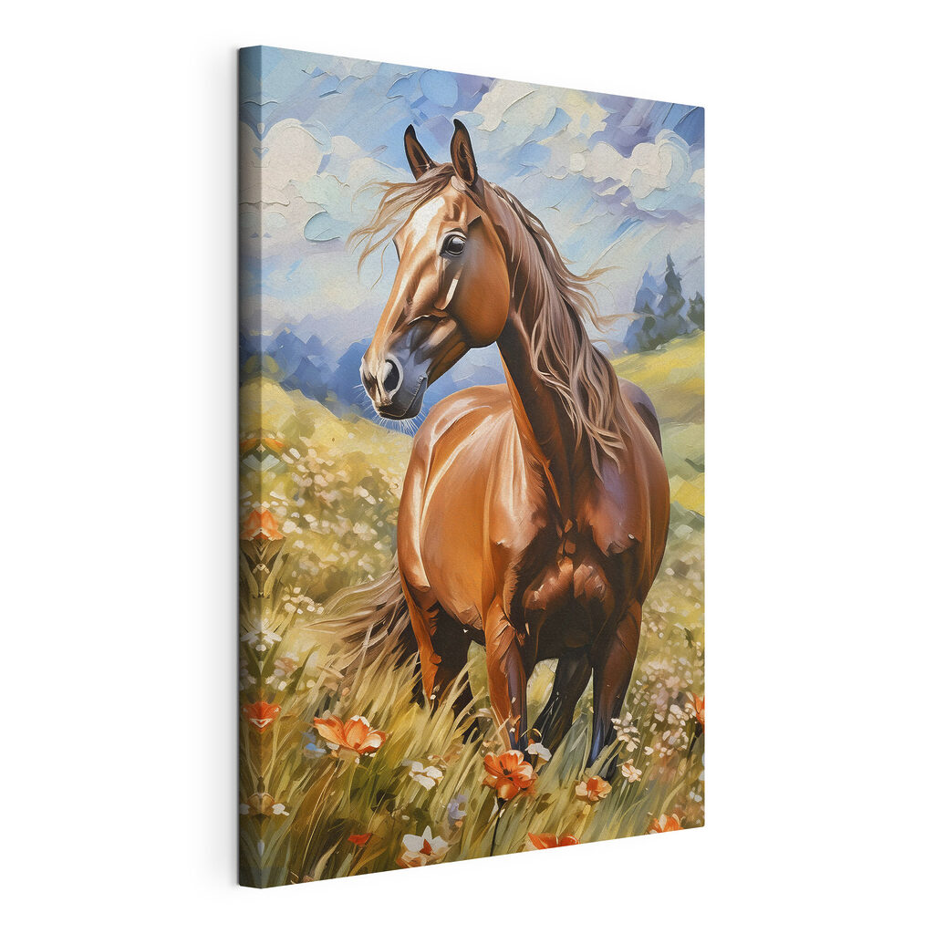 Cavalo entre flores altas, tela esticada e borda contínua