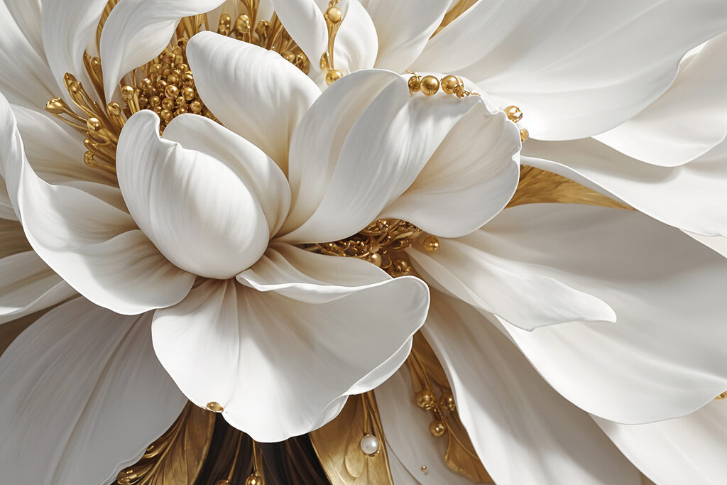 Flor branca, coração dourado — design completo