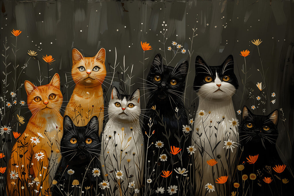 Gatos num prado florido — design completo