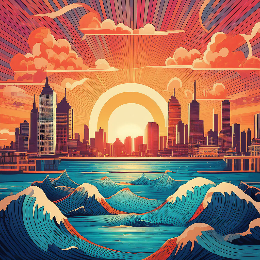 Cidade sobre ondas azuis — design completo