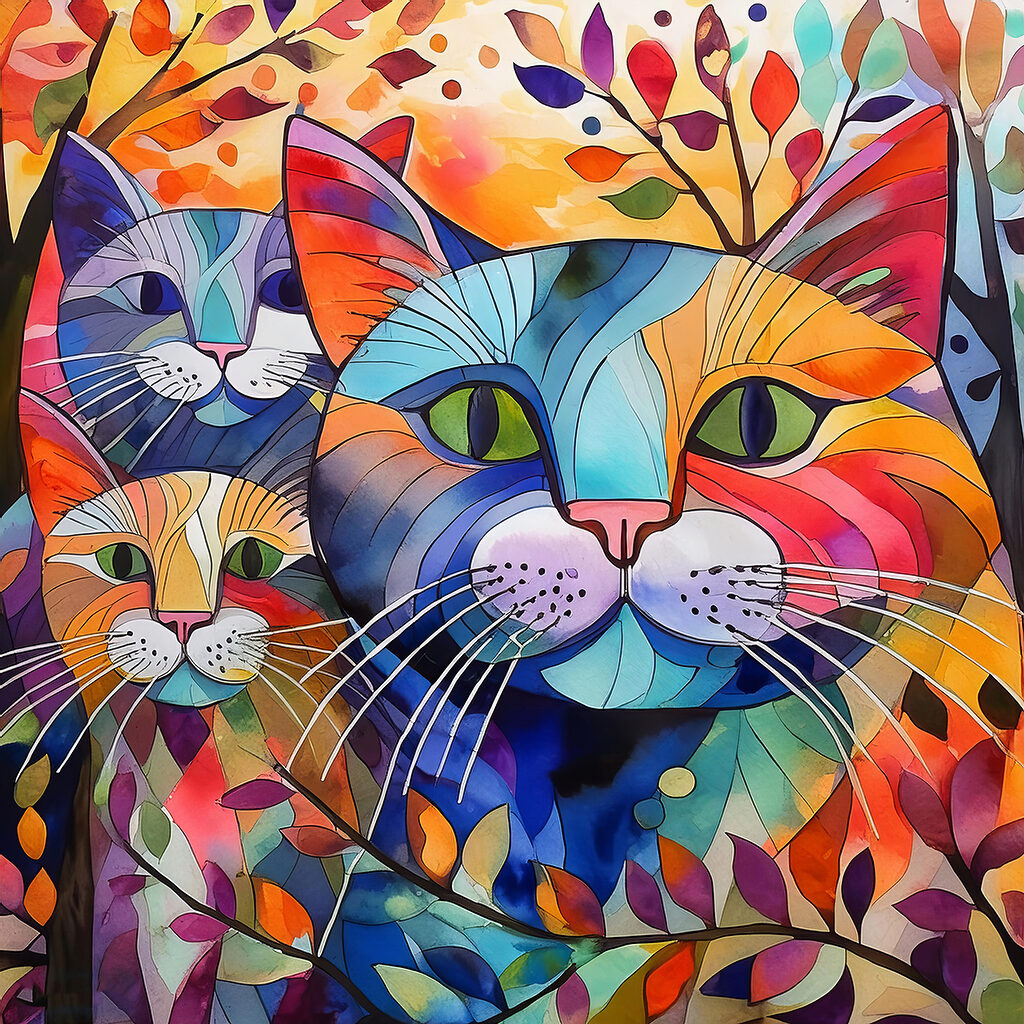 Três gatos entre cores — design completo