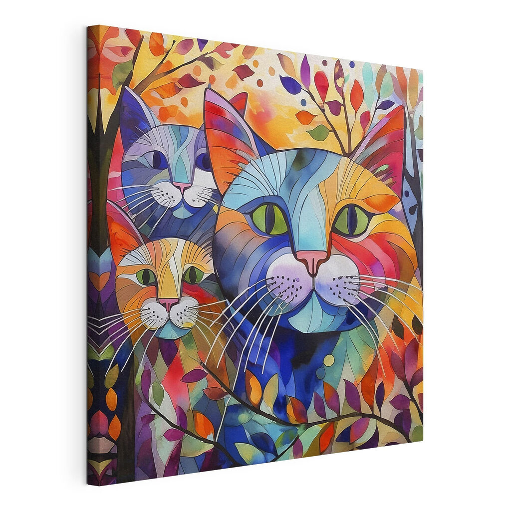Três gatos entre cores, tela esticada e borda contínua