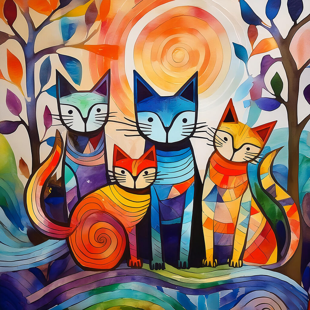 Quatro gatos sob espirais — design completo