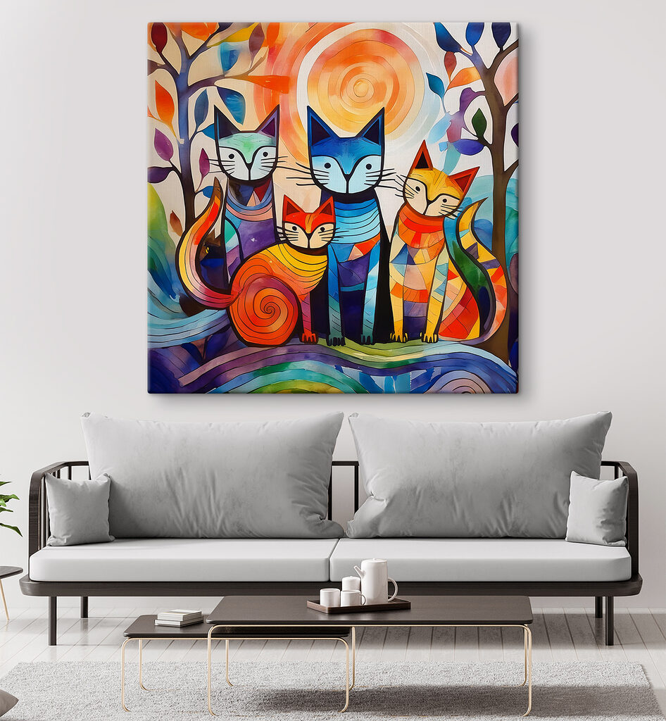 Quatro gatos sob espirais — interior 2