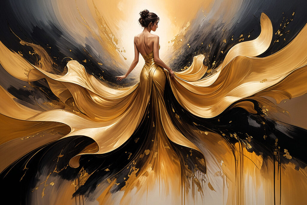 Vestido em tons dourados — design completo