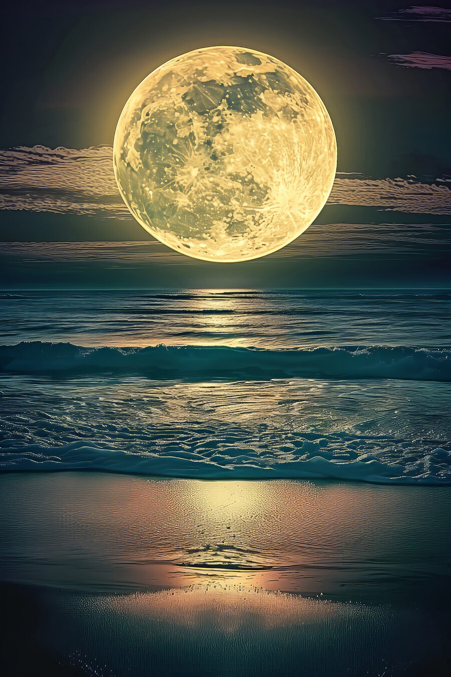 Lua dourada na rebentação — design completo