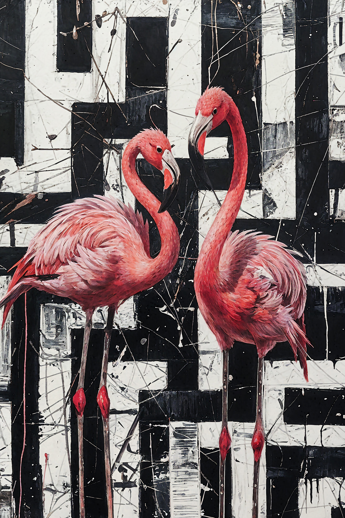 Flamingos entre blocos negros — design completo