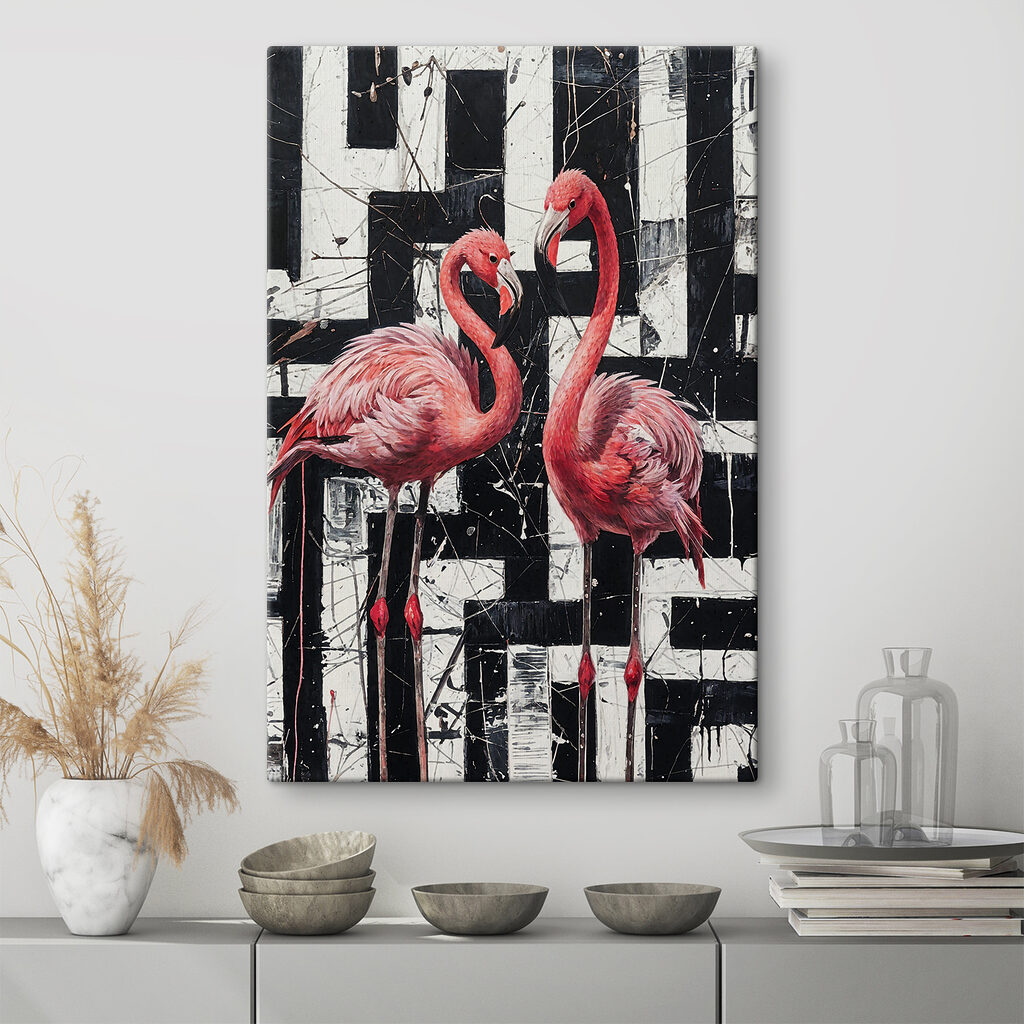 Flamingos entre blocos negros num interior