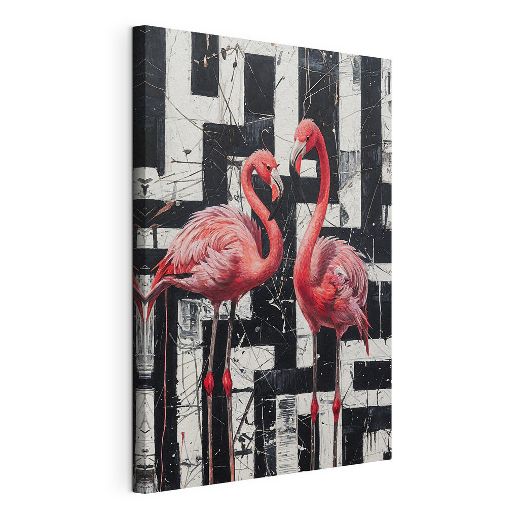 Flamingos entre blocos negros, tela esticada e borda contínua