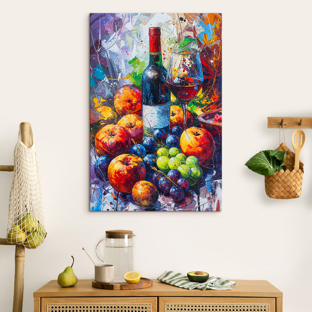 Vinho entre fruta colorida num interior