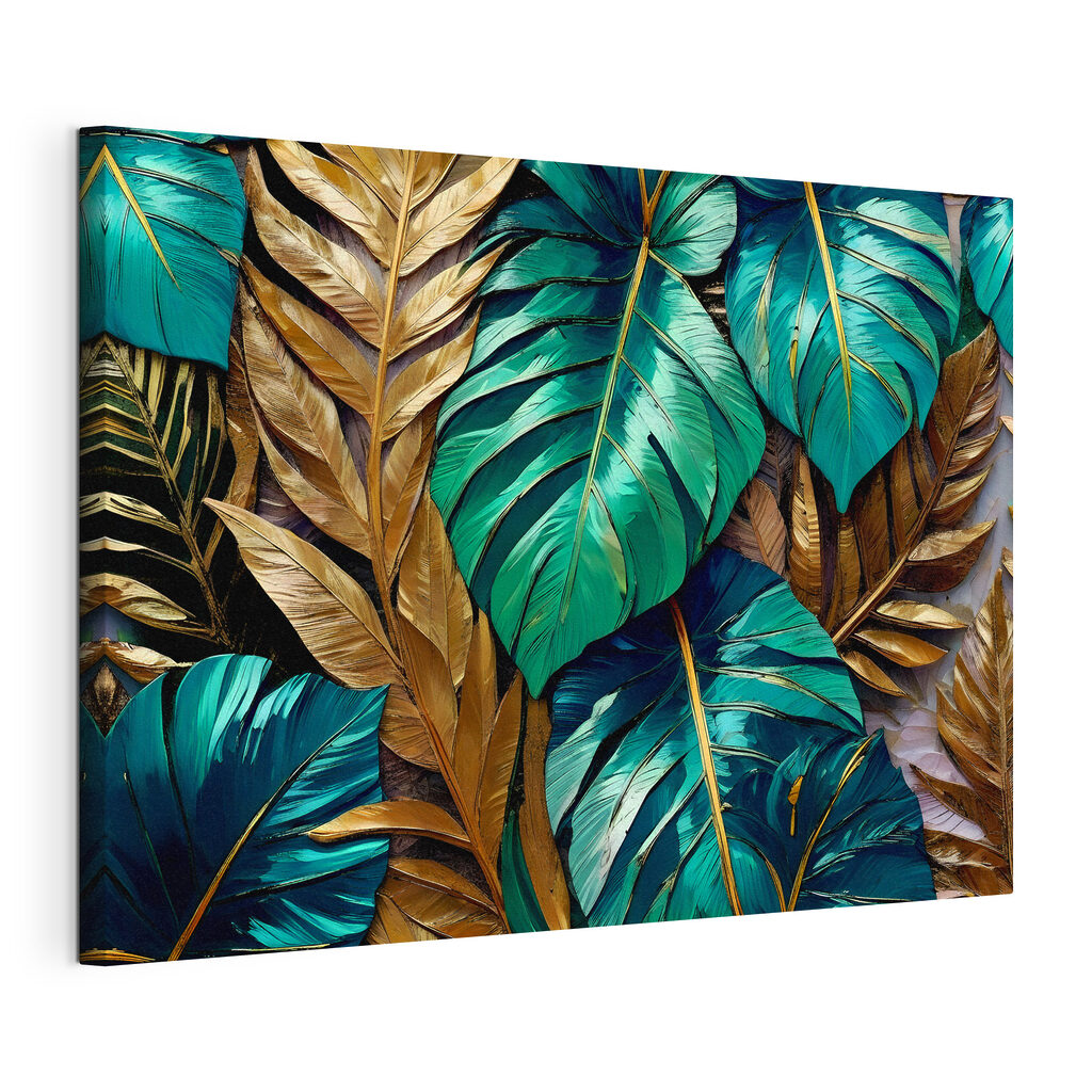 Folhas tropicais douradas, tela esticada e borda contínua