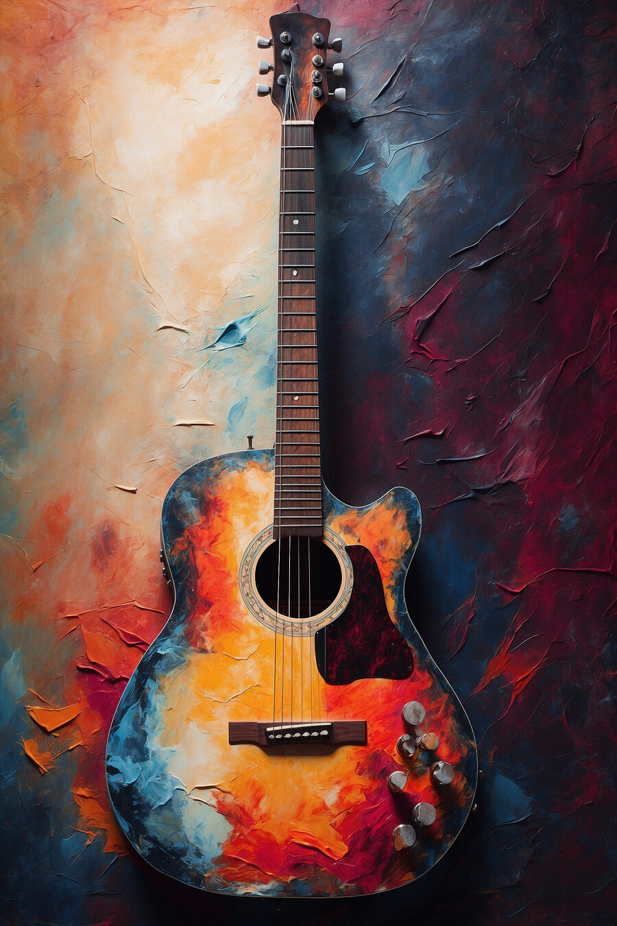 Guitarra entre tintas quentes — design completo
