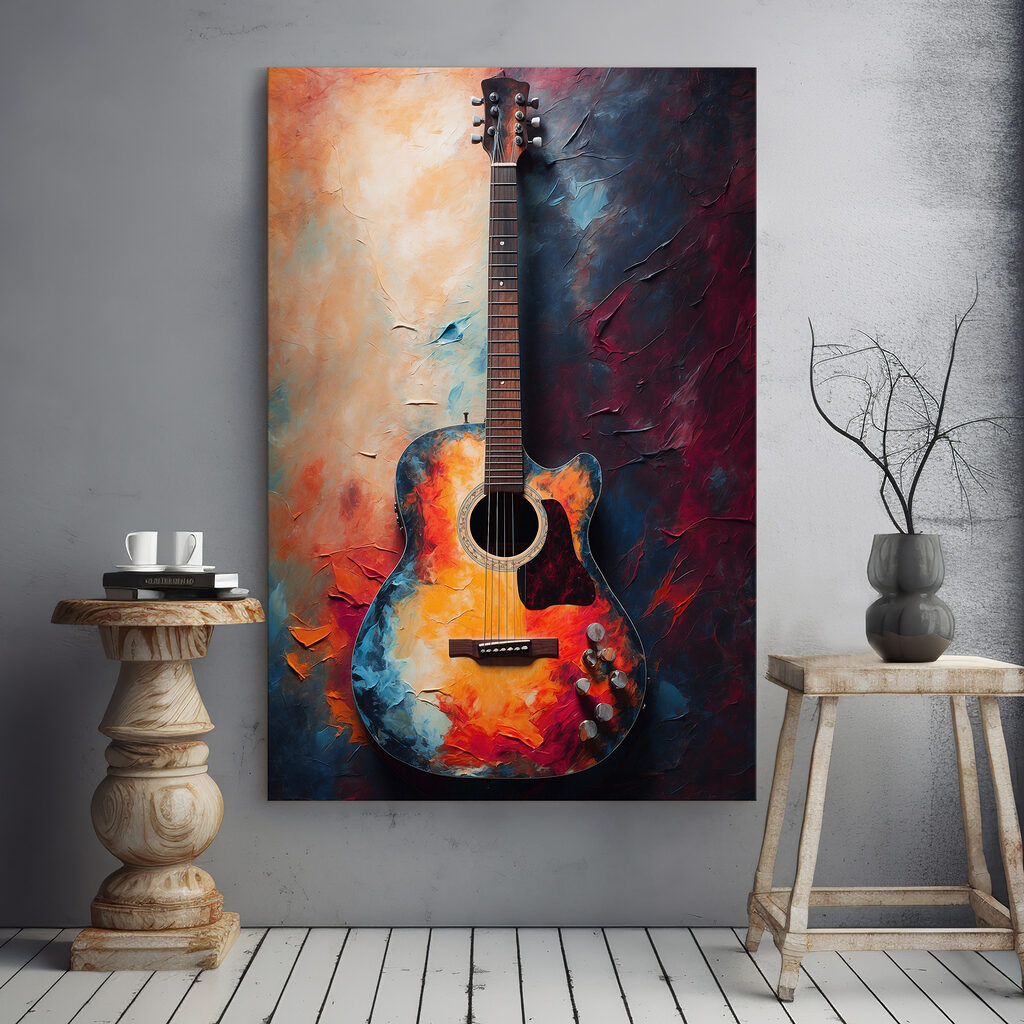 Guitarra entre tintas quentes num interior