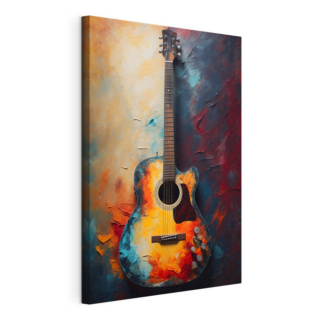 Guitarra entre tintas quentes, tela esticada e borda contínua