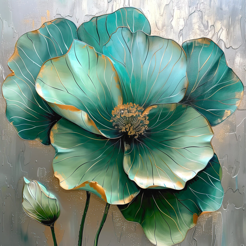 Flor turquesa, orlas douradas — design completo