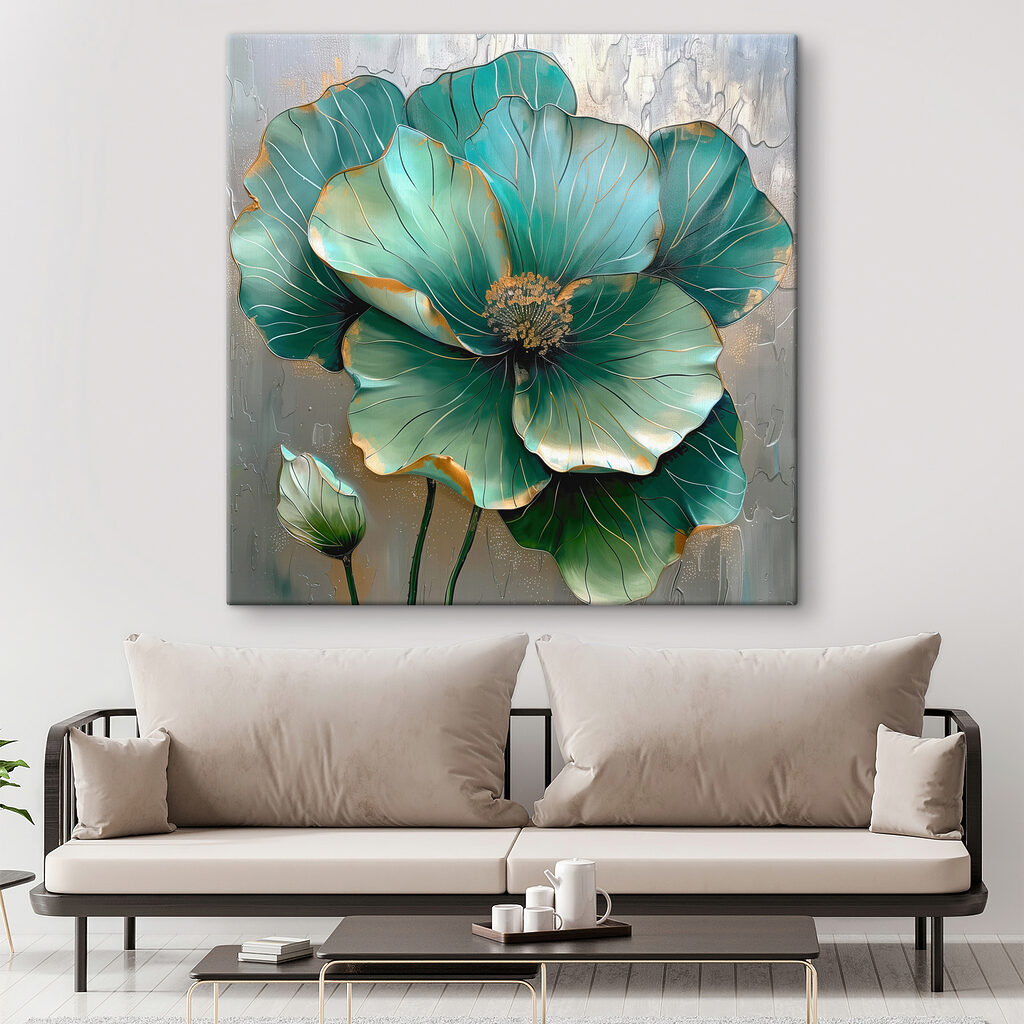 Flor turquesa, orlas douradas num interior