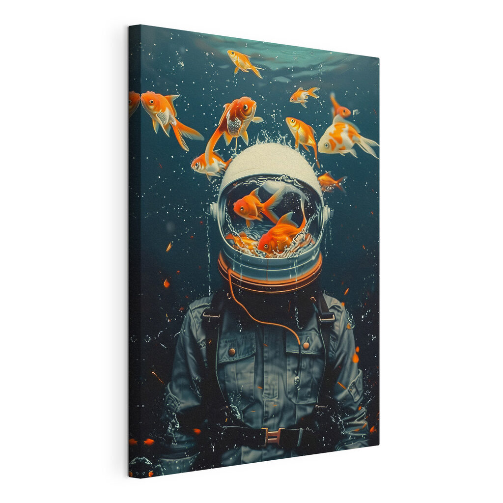 Astronauta entre peixes, tela esticada e borda contínua
