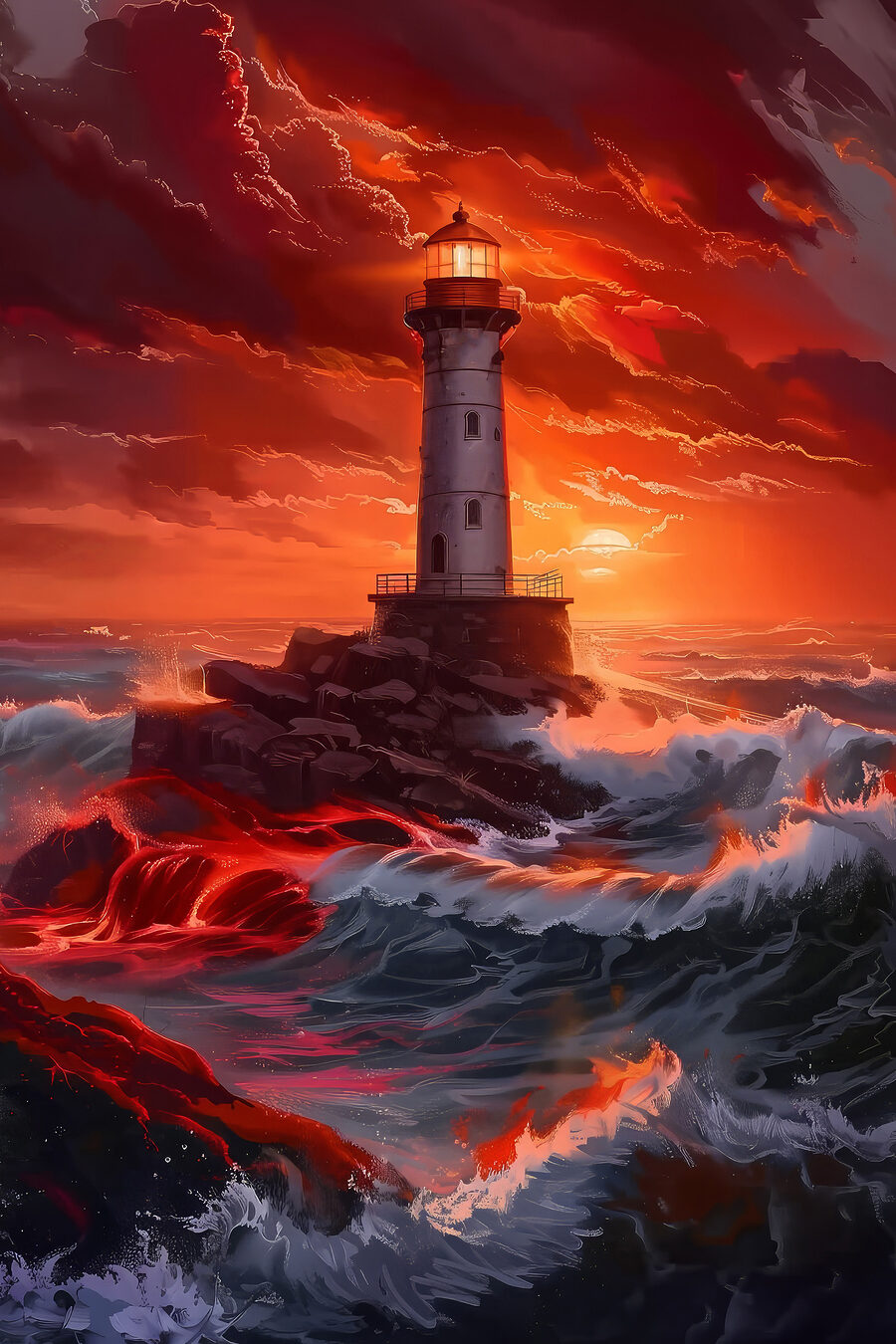 Farol sob céu ardente — design completo