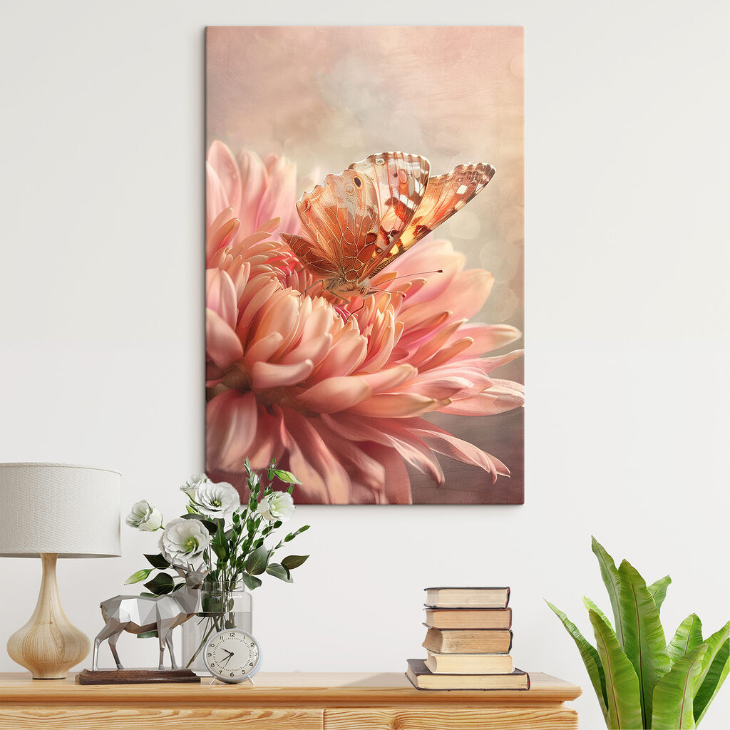 Borboleta em flor rosa num interior
