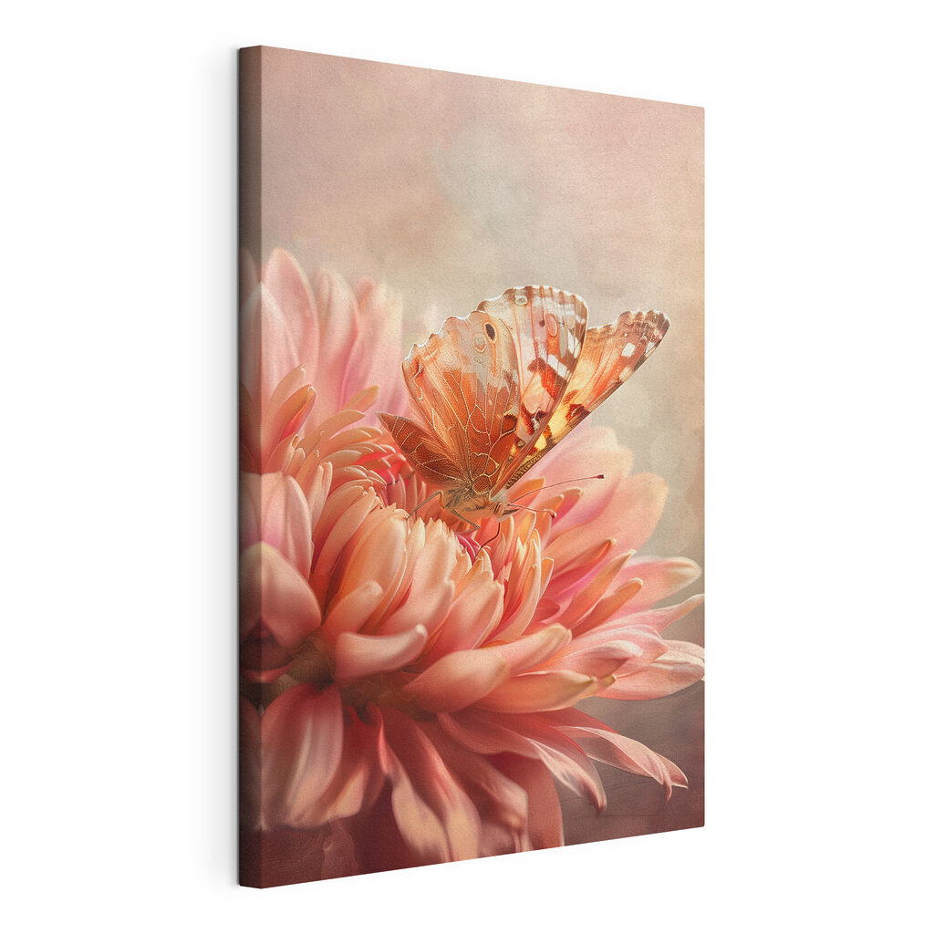 Borboleta em flor rosa, tela esticada e borda contínua