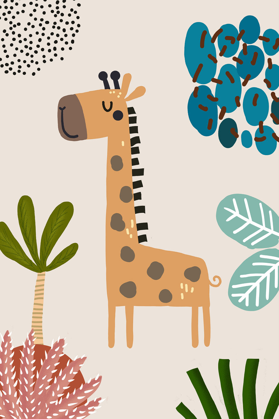 Girafa entre folhas pontilhadas — design completo