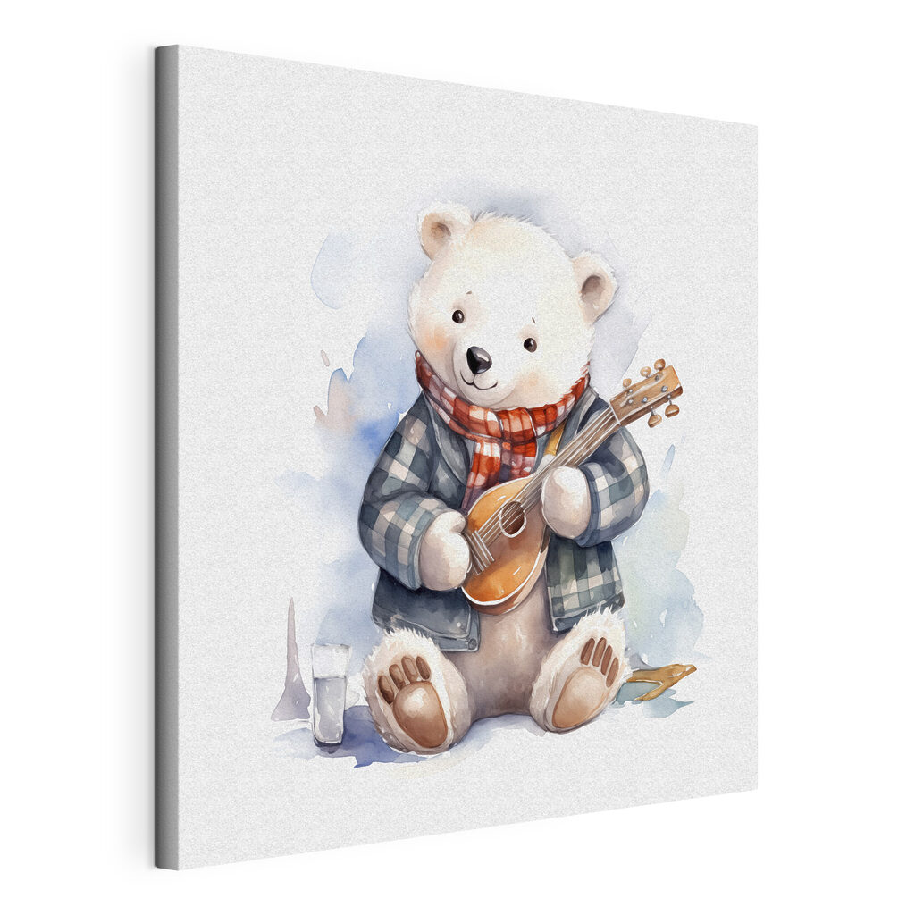 Ursinho com ukulele, tela esticada e borda contínua