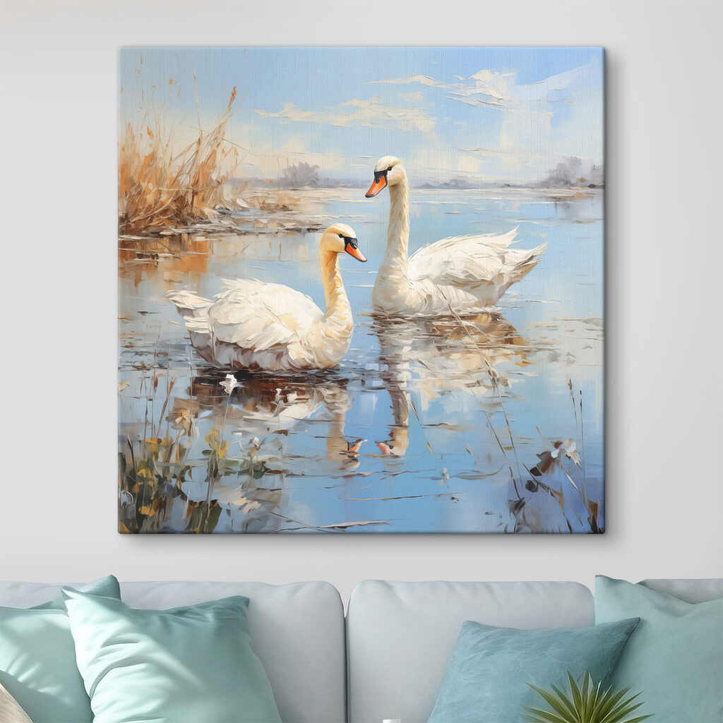 Cisnes num lago primaveril num interior