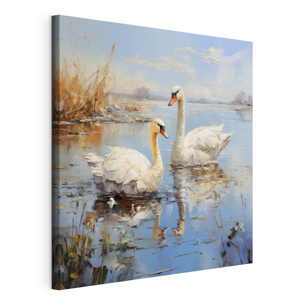 Cisnes num lago primaveril, tela esticada e borda contínua