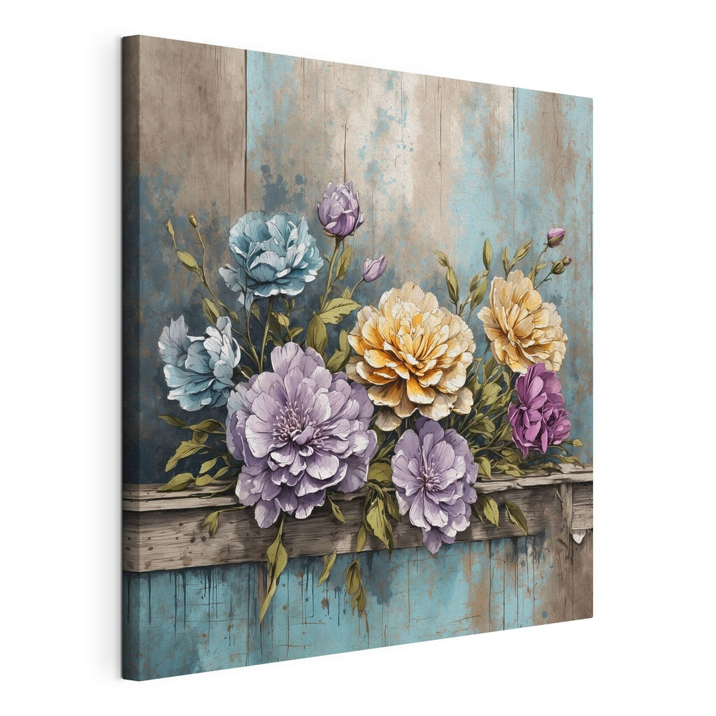 Flores sobre orla azul, tela esticada e borda contínua
