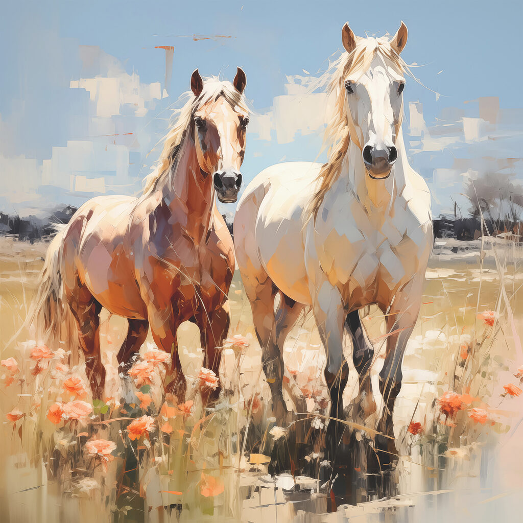 Cavalos num prado florido — design completo