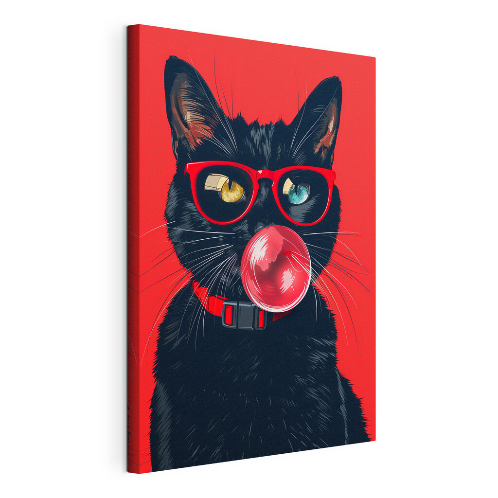 Gato de óculos vermelhos, tela esticada e borda contínua