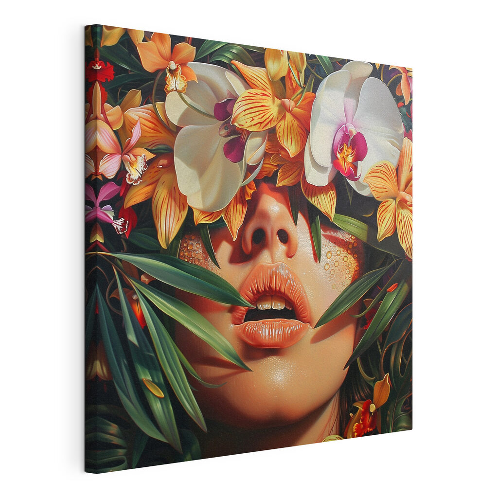 Retrato entre orquídeas, tela esticada e borda contínua