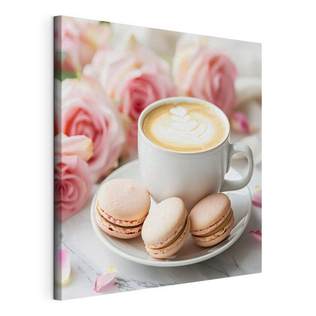 Cappuccino e macarons, tela esticada e borda contínua