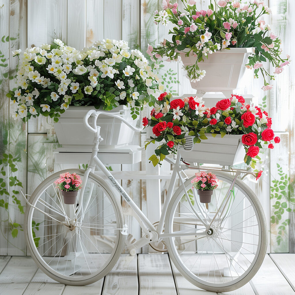 Bicicleta branca, rosas vermelhas — design completo