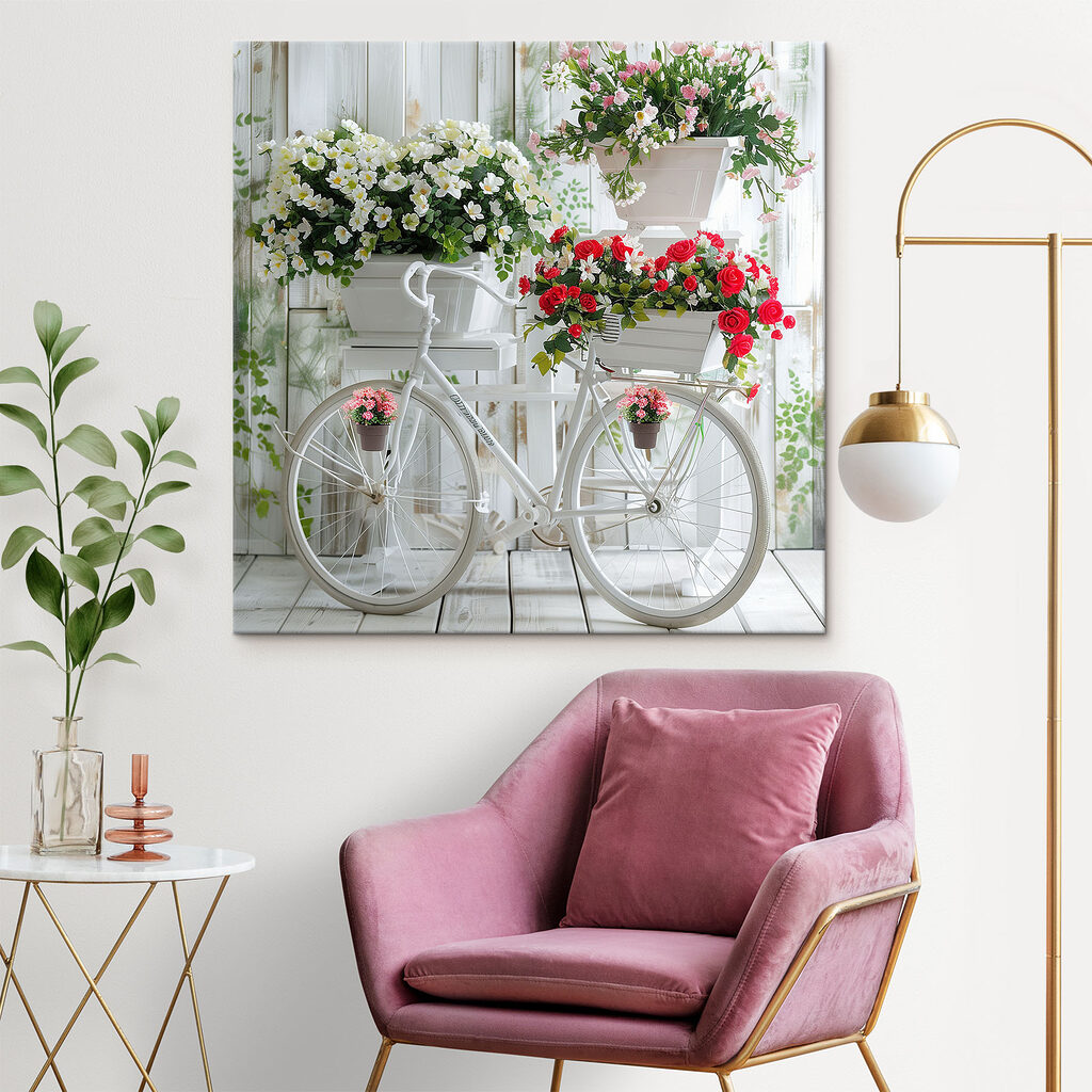 Bicicleta branca, rosas vermelhas num interior