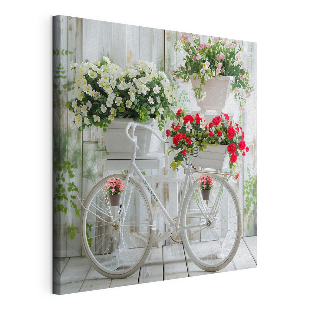 Bicicleta branca, rosas vermelhas, tela esticada e borda contínua