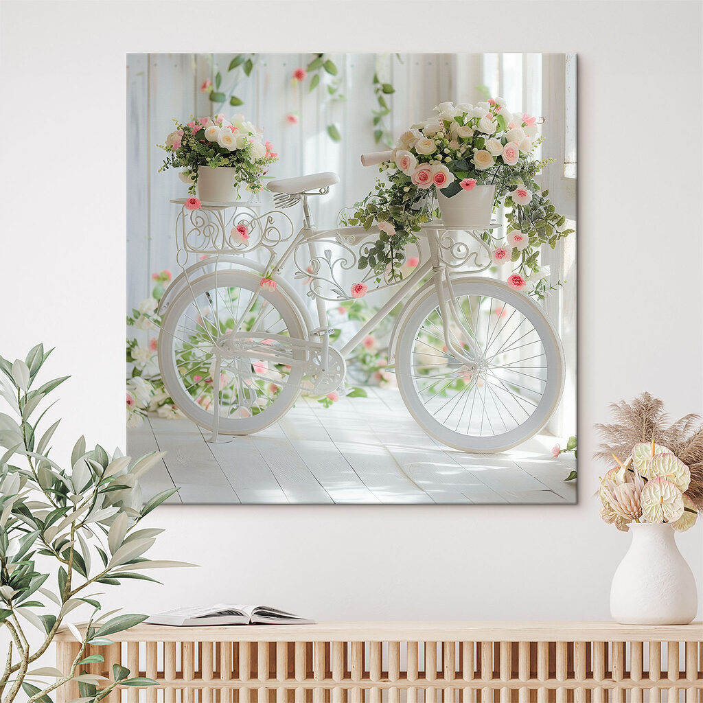 Bicicleta com flores cor-de-rosa num interior