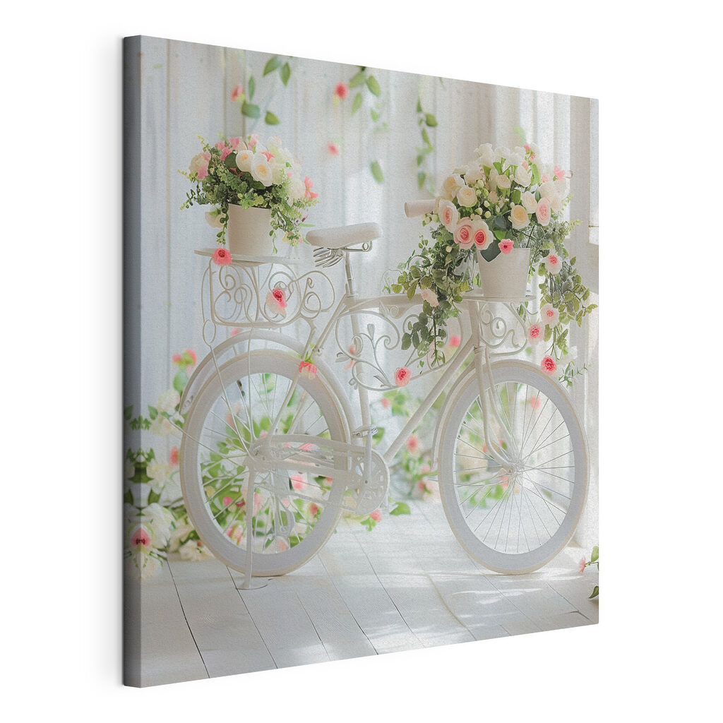 Bicicleta com flores cor-de-rosa, tela esticada e borda contínua