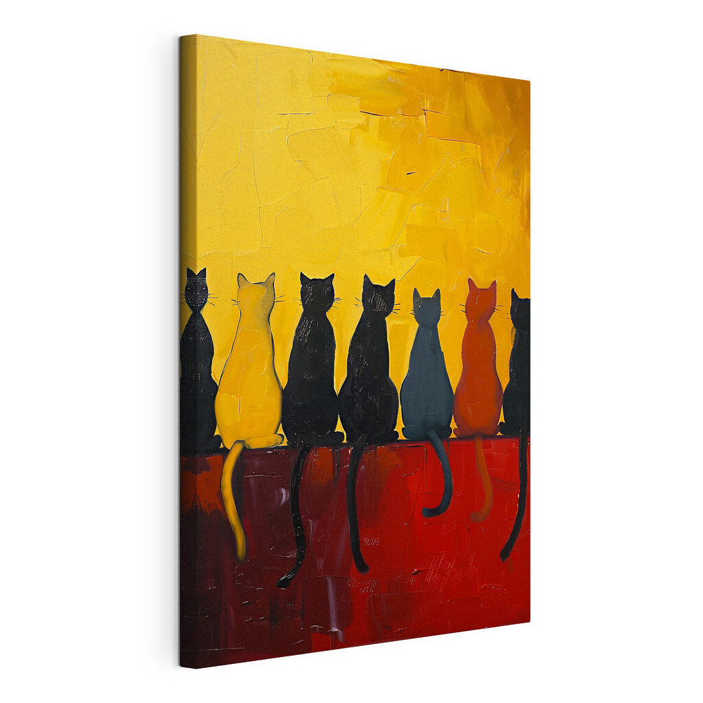 Gatos em muro vermelho, tela esticada e borda contínua