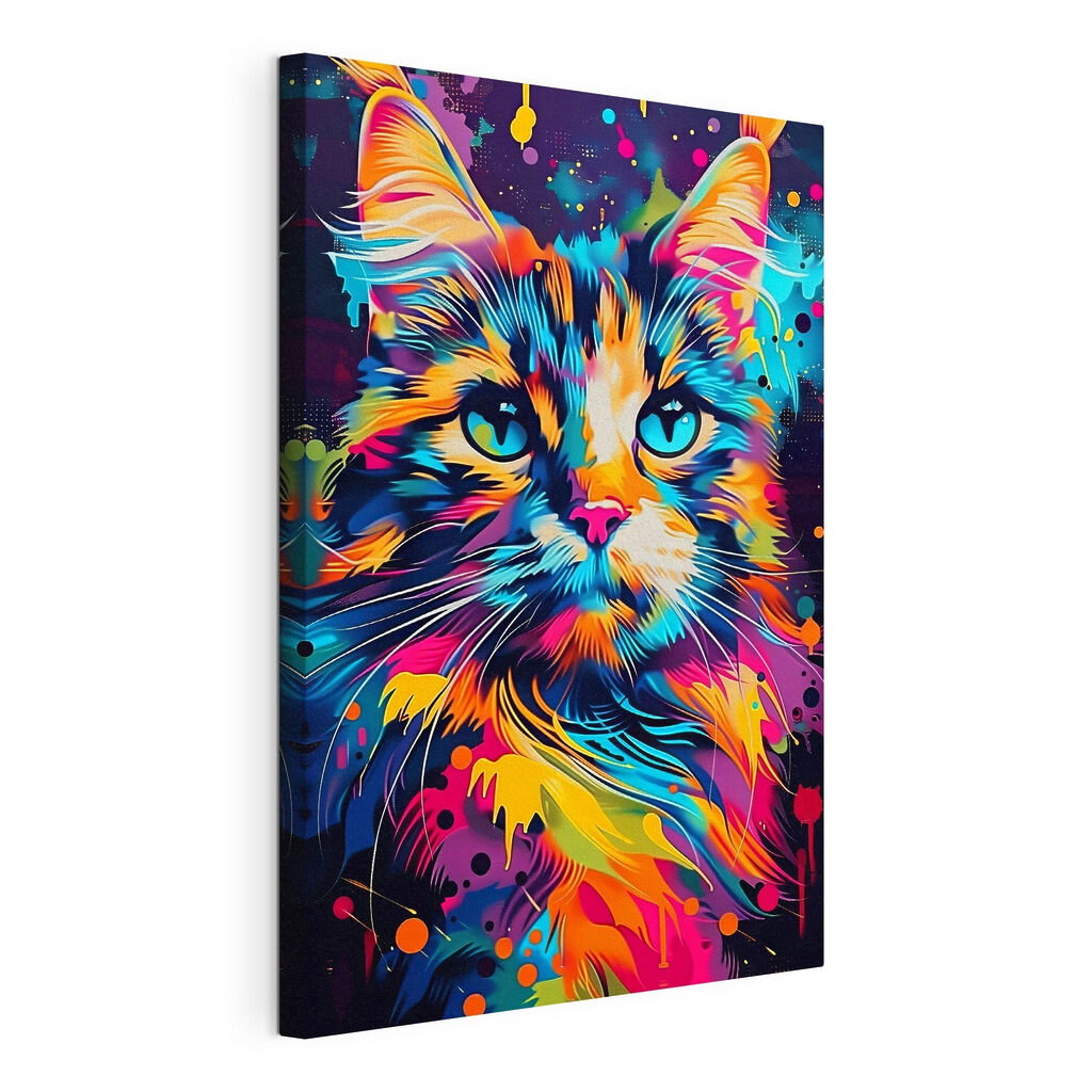 Gato de salpicos coloridos, tela esticada e borda contínua