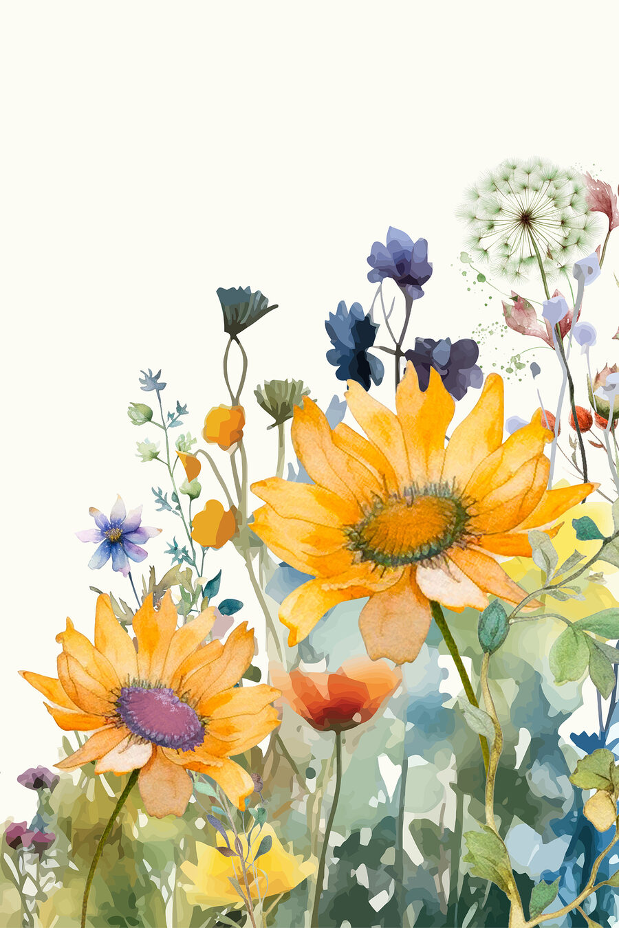Girassóis entre flores azuis — design completo