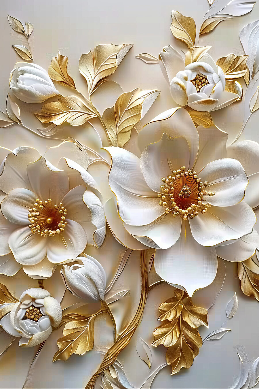 Flores brancas, folhas douradas — design completo
