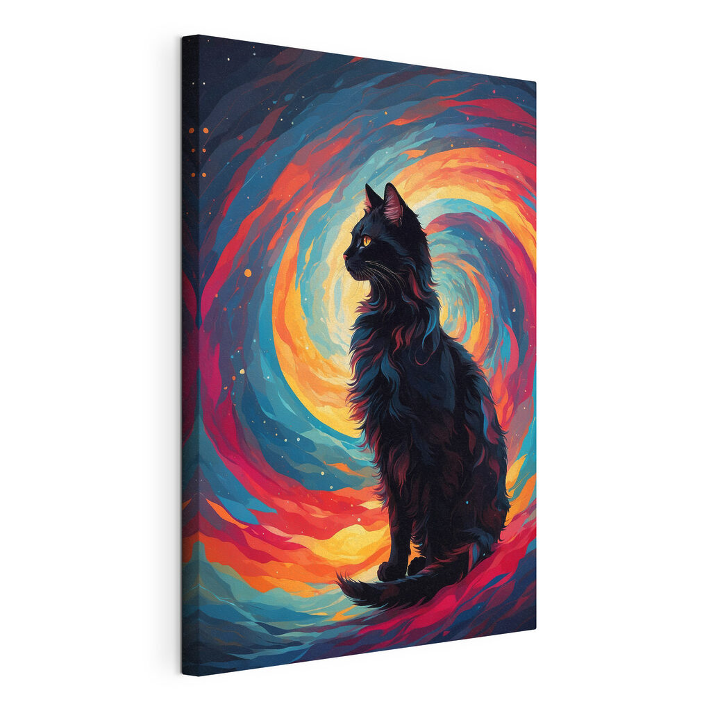Gato preto em espiral, tela esticada e borda contínua