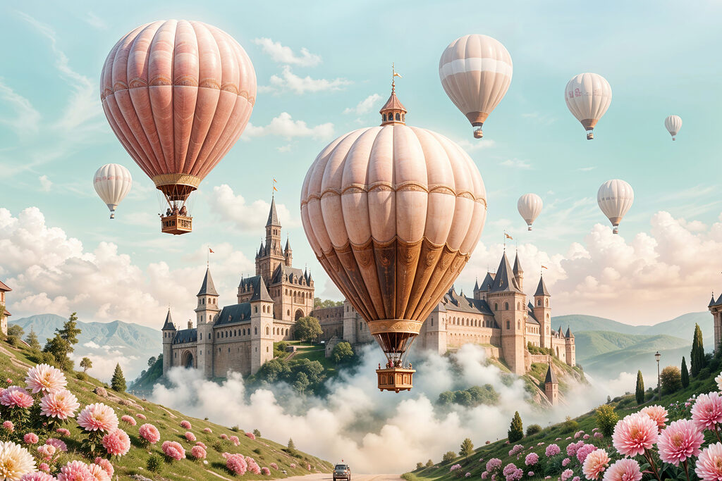 Balões sobre castelo mágico — design completo