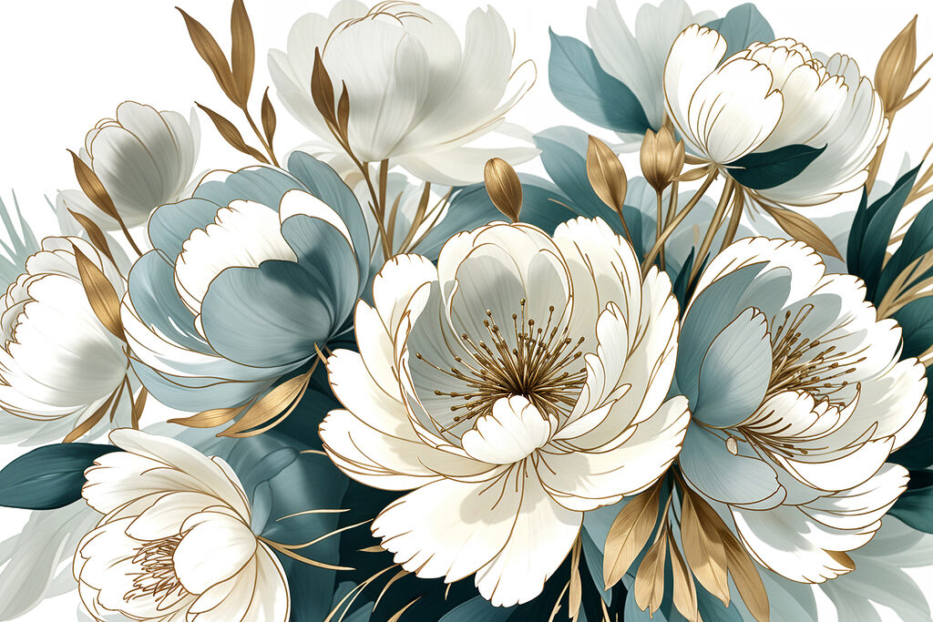 Flores brancas, sombras azuis — design completo