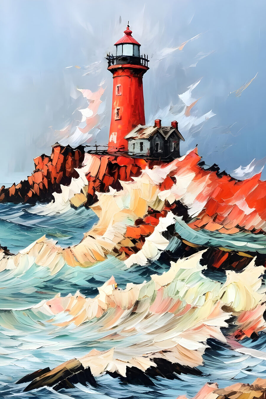 Farol vermelho na rebentação — design completo